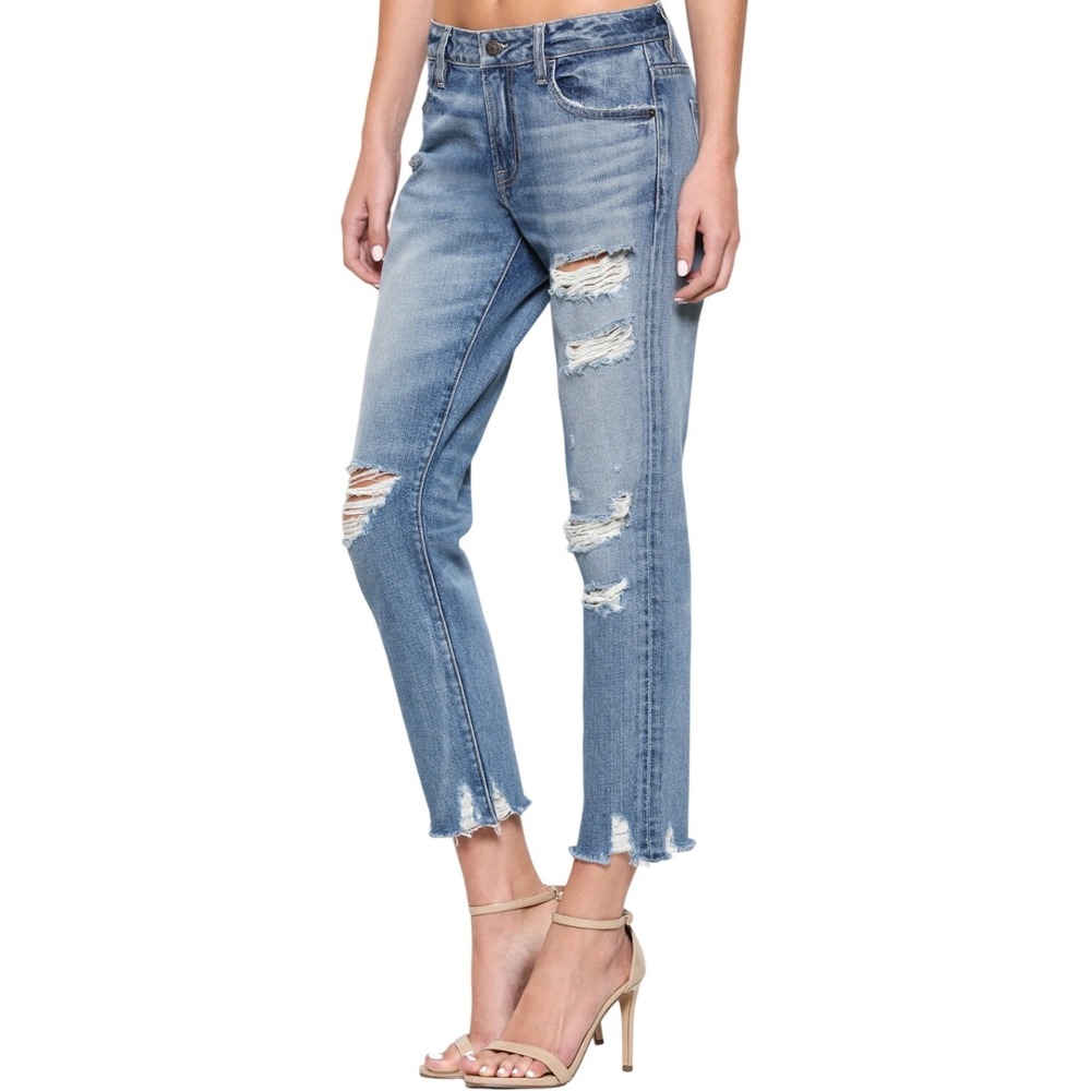 HIDDEN Bailey Slim Fit Boyfriend Medium Wash Distressed Raw Hem Jeans 28 | EUC